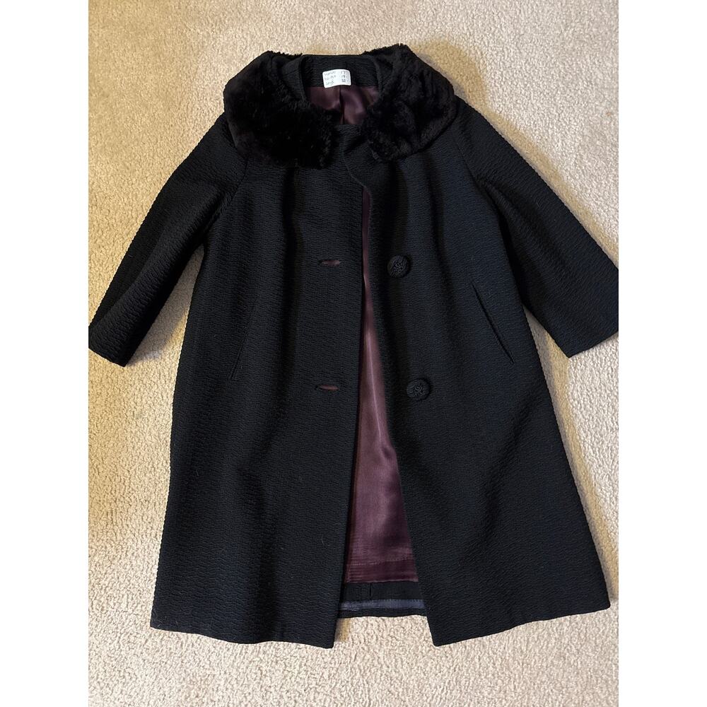 1950’s Women’s 2 Button Faux Fur Collar Long Winter Coat Fancy Black Medium